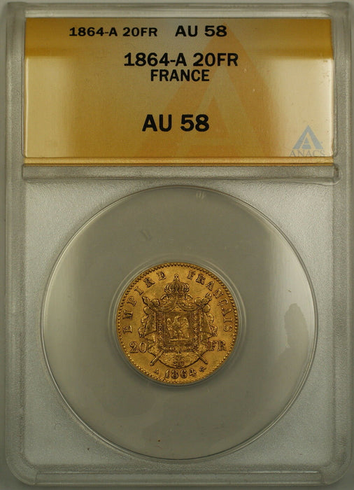 1864-A France 20 Fr Francs Gold Coin ANACS AU-58 A