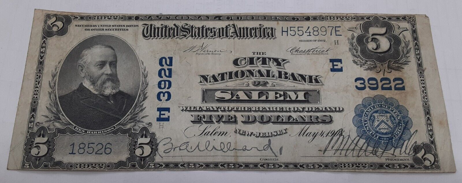 1902 $5 Plain Back US National Currency Note City NB Salem, NJ CH#3922  Net VF