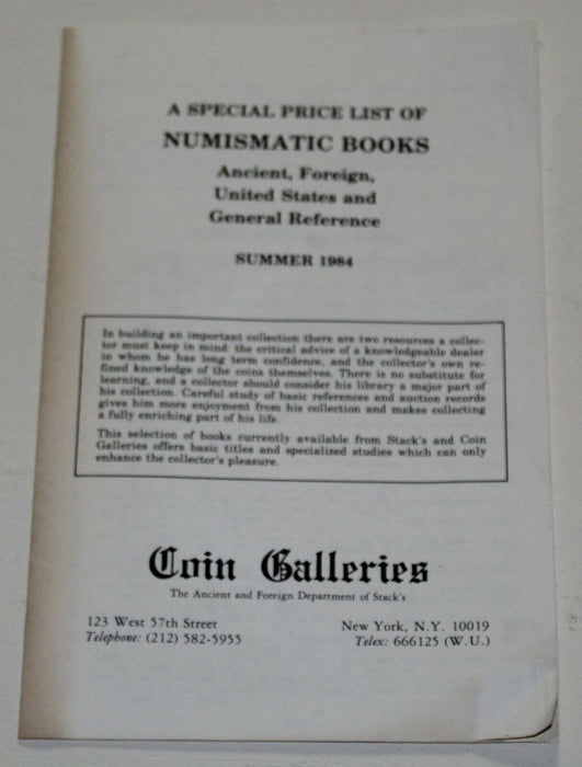 Coin Galleries Special Price List of Numismatic Books Summer 1984 WW17VV