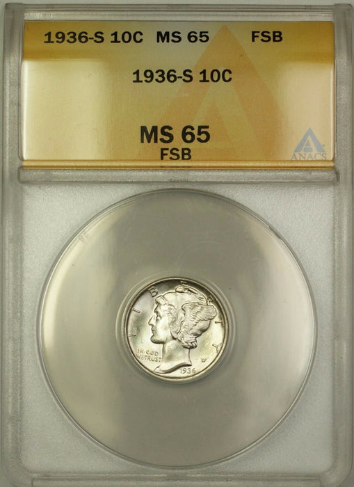 1936-S Full Split Bands Silver Mercury Dime 10c Coin ANACS MS-65 Gem BU (A) DJ
