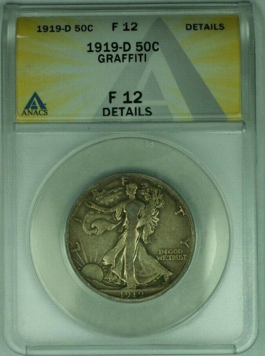 1919-D Walking Liberty Half Dollar Coin 50C ANACS F 12 Details Graffiti   (38)