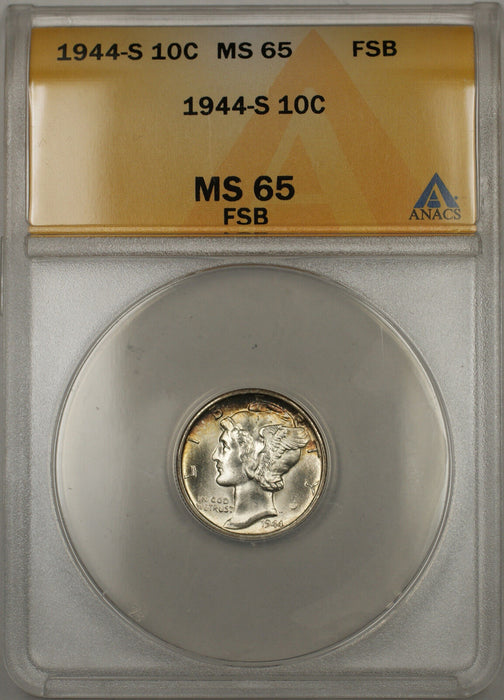 1944-S Silver Mercury Dime 10C ANACS MS-65 Full Split Bands (Light Toning 11)