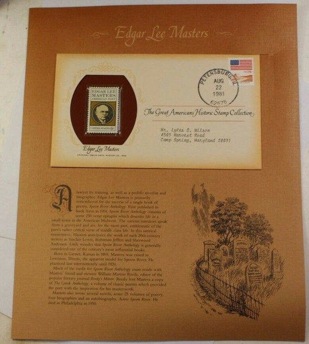 Great Americans Historic Stamp Collection Edgar Lee Masters W/ Info & COA