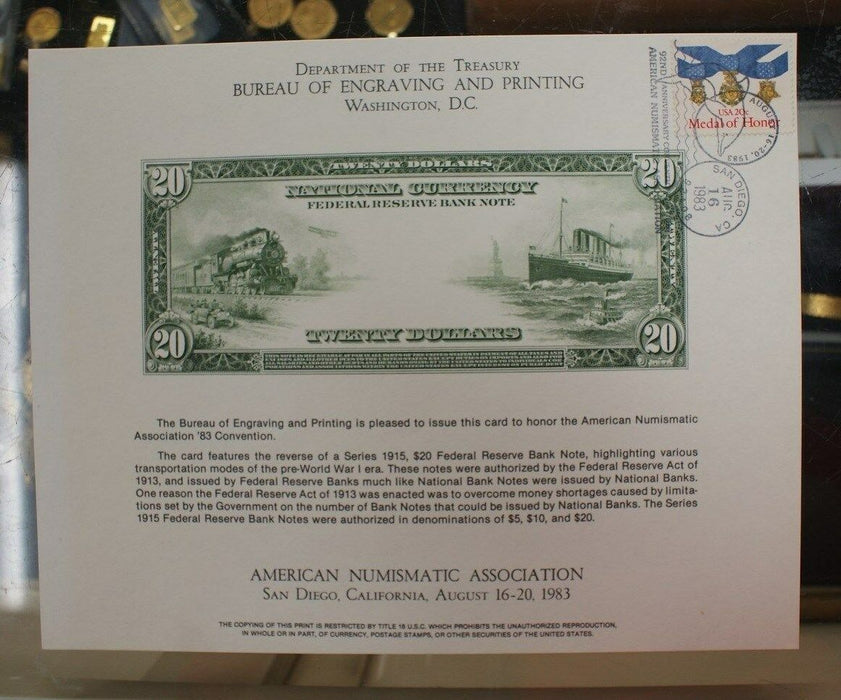 BEP souvenir card B 61 ANA 1983 back 1915 $20 Federal Reserve Show cancelled