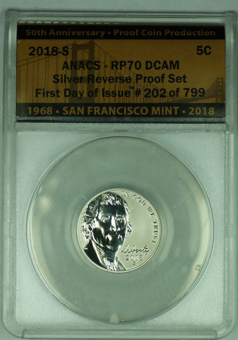 2018-S REV Proof Jefferson Nickel 5C ANACS PR 70 Deep Cameo