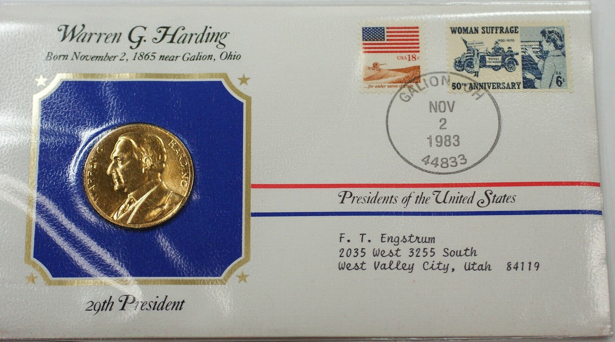Warren G. Harding Presidential Medal 24 KT Electroplate Gold & Stamps Cover