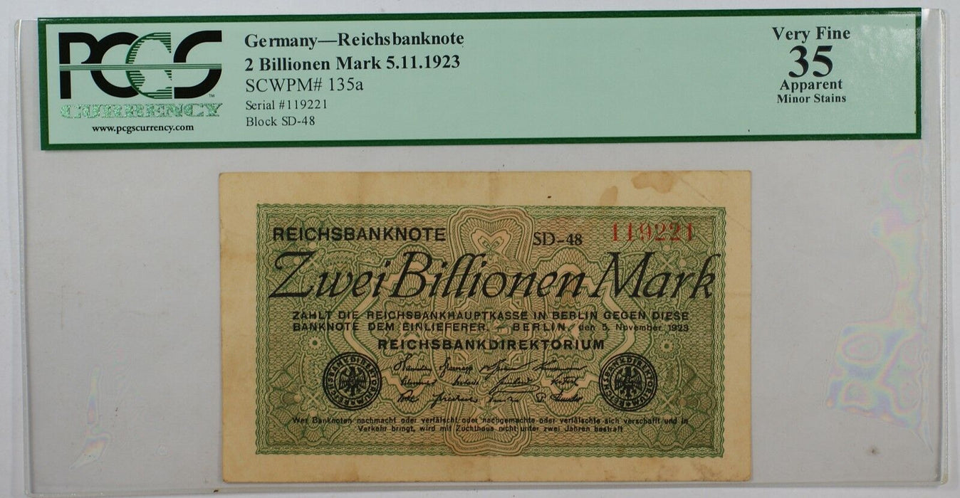 1923 Germany 2 Zwei Billionen Mark Reichs Banknote PCGS VF-35 Very Fine