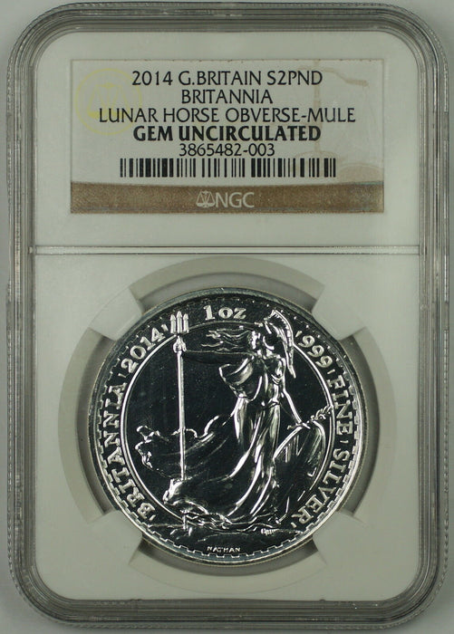 2014 Lunar Horse OBV G Britain Britannia Silver 2 Pound Coin NGC Gem BU *ERROR