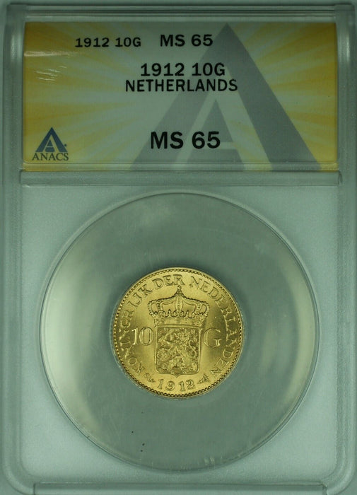 1912 Netherlands 10 Guilder Gold Coin ANACS MS-65