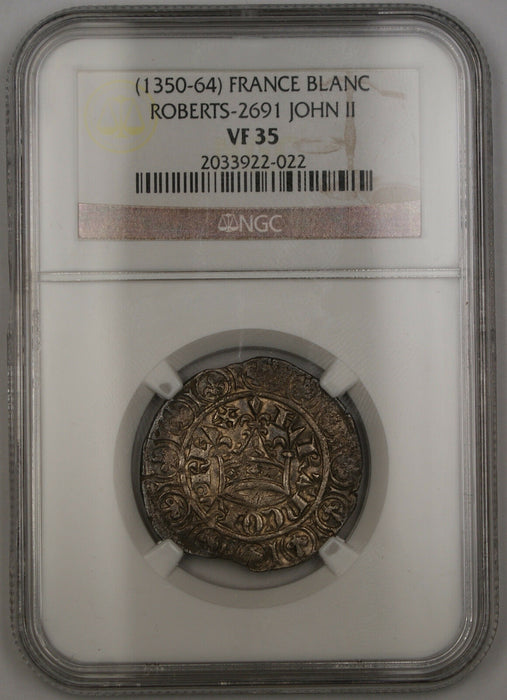 1350-64 France Gros Blanc Silver Coin Roberts-2691 John II NGC VF-35 AKR