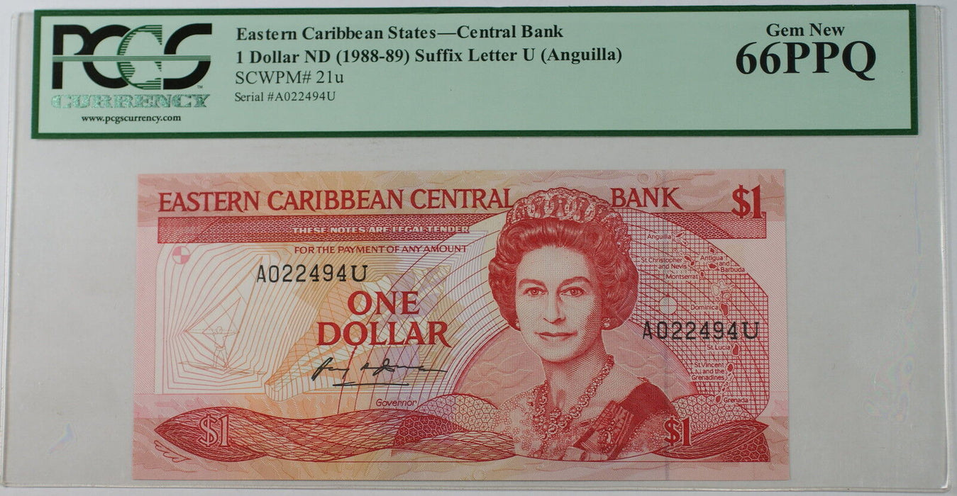 (1988-89) E. Caribbean States (Anguilla) $1 Note SCWPM# 21u PCGS 66 PPQ Gem New