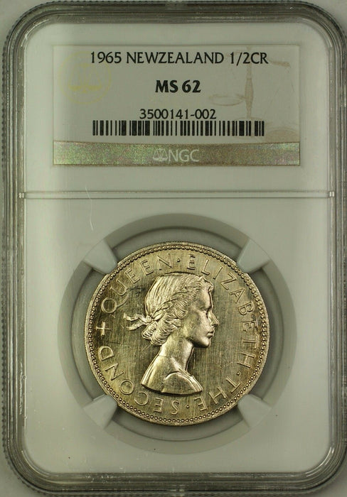 1965 New Zealand 1/2 Crown Coin NGC MS-62
