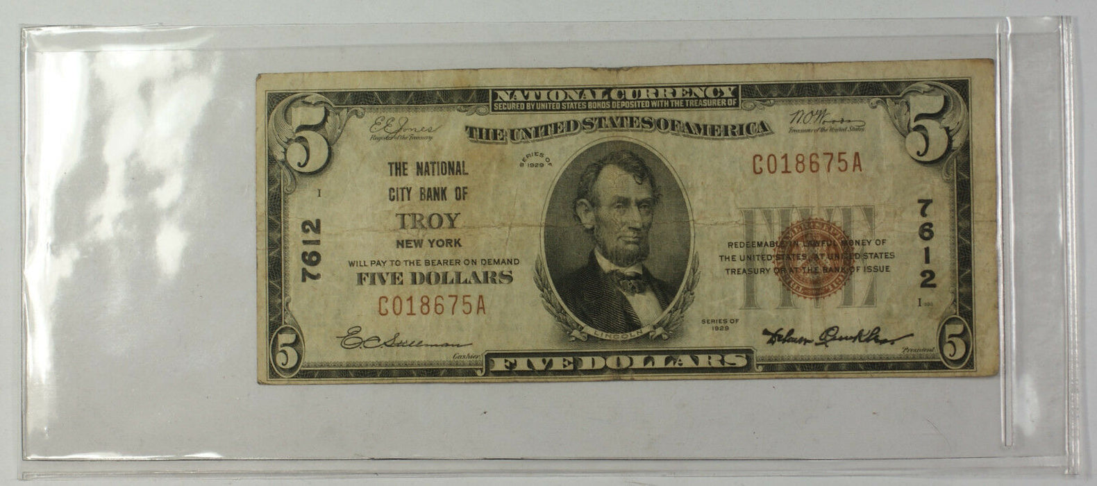 Series 1929 Type 1 $5 National Currency Banknote Troy New York Charter # 7612