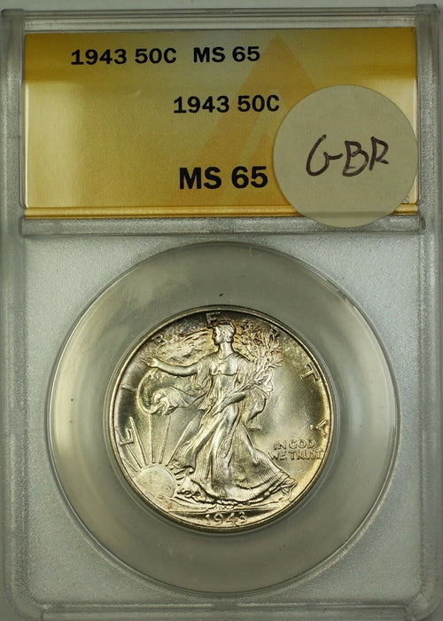 1943 Walking Liberty Silver Half Dollar 50c Coin ANACS MS-65 Lightly Toned GBR