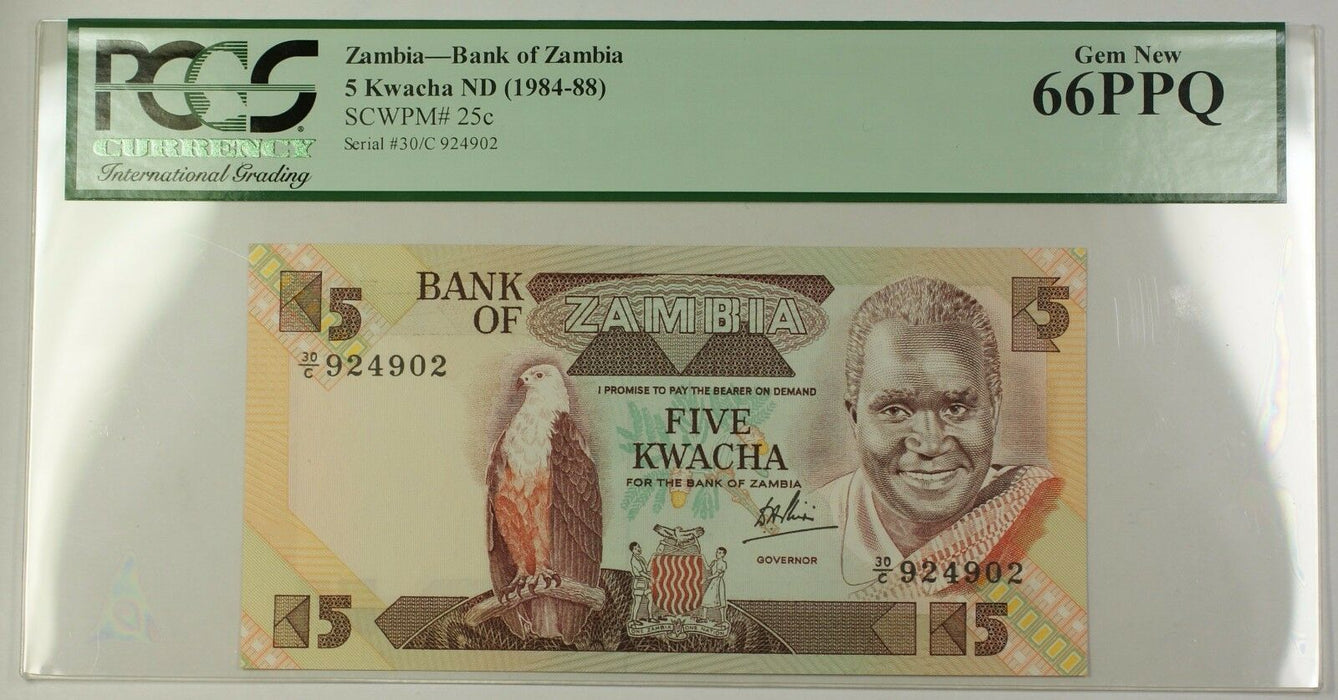 (1984-88) No Date Bank of Zambia 5 Kwacha Note SCWPM# 25c PCGS Gem New 66 PPQ