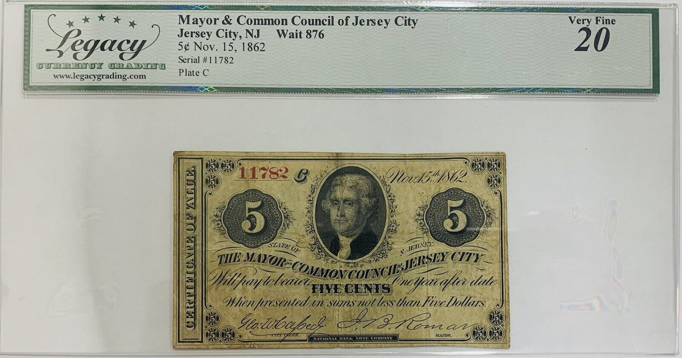 Jersey City, NJ Wait 876 .5C Nov. 15, 1862 Legacy VF 20