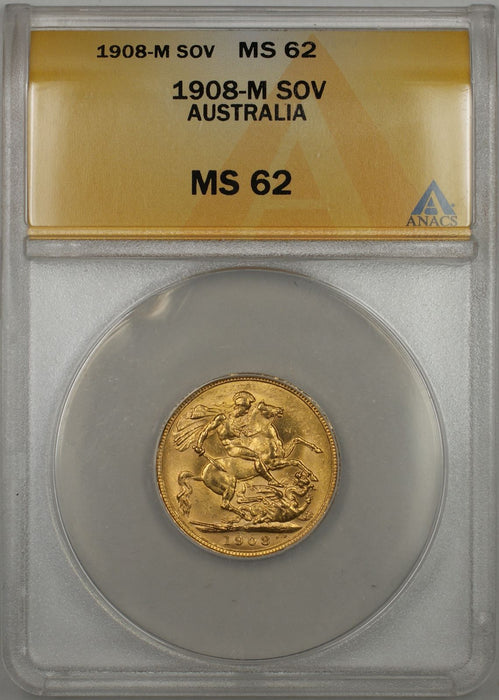 1908-M Australia Sovereign Gold Coin ANACS MS-62 Better Coin (AMT)