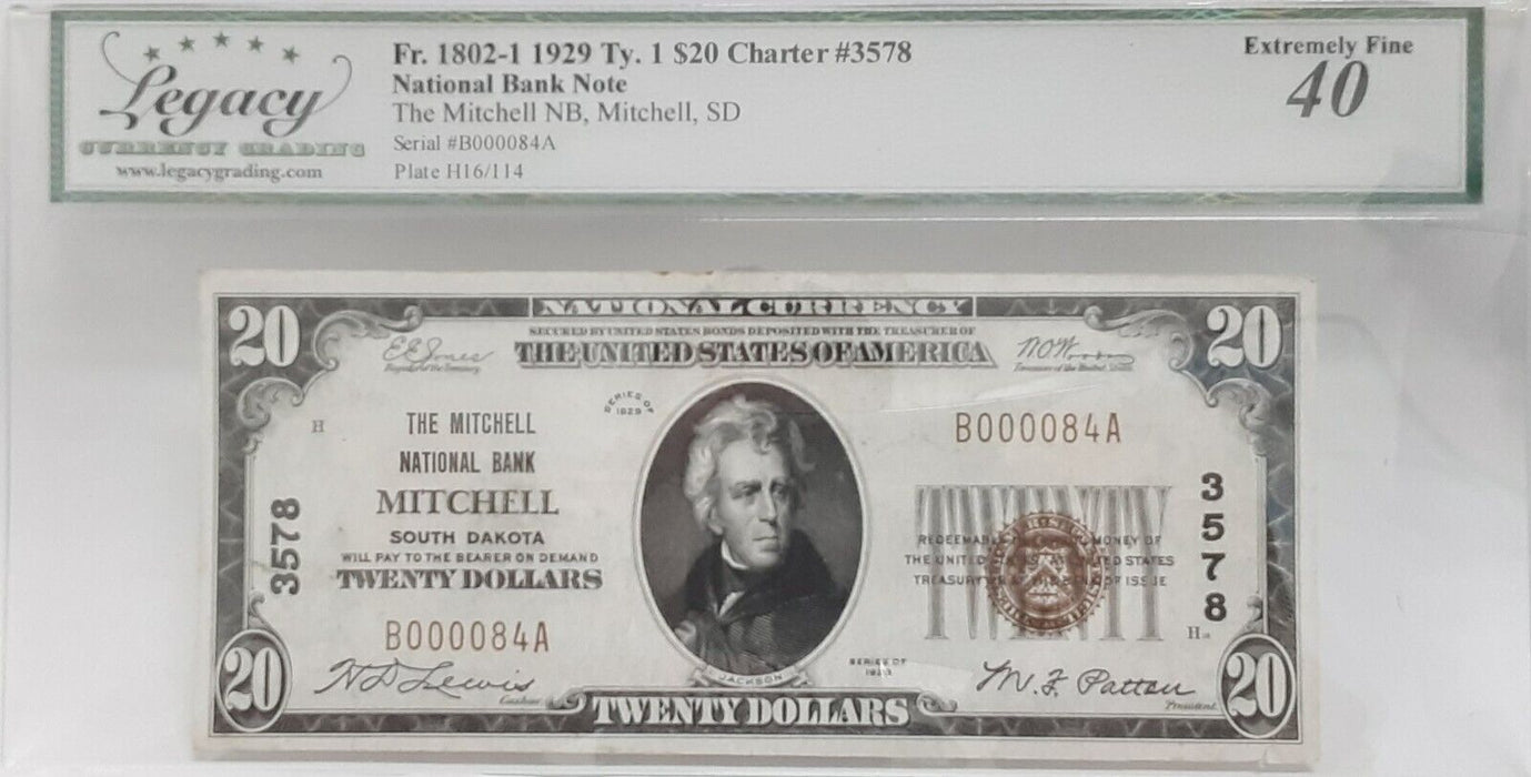 1929 $20 National Currency Ty1 Mitchell NB, Mitchell SD CH#3578 Legacy EF-40