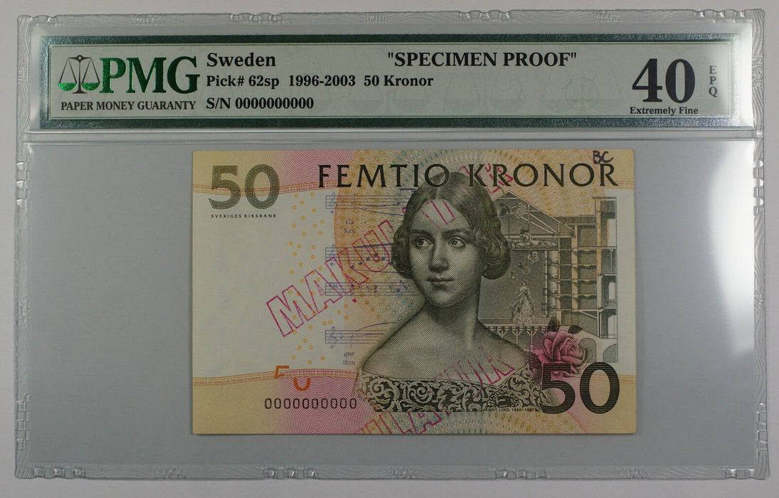 1996-2003 Sweden 50 Kronor Note Pick #62sp PMG 40 Ext Fine EPQ Details Better