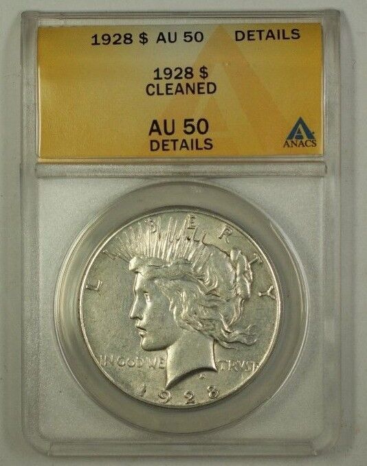 1928 US Silver Peace Dollar $1 Coin ANACS AU-50 Details Cleaned *Key Date (1)