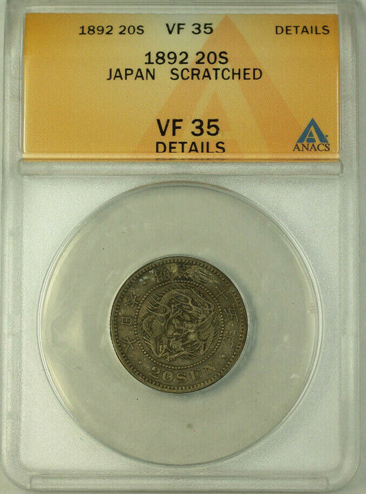 1892 Japan Silver 20 Sen Coin ANACS VF 35 Scratched Details Y#24