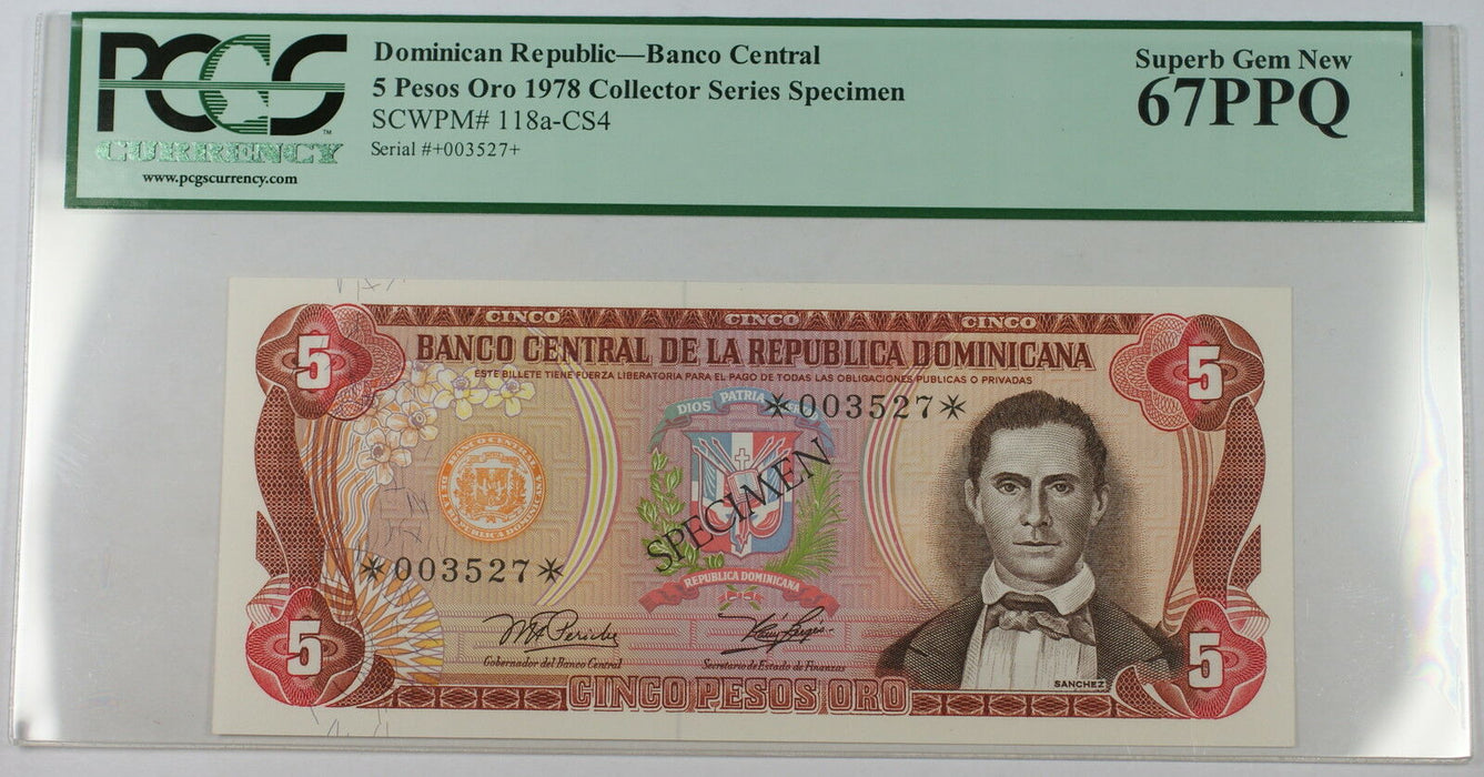 1978 Dominican Republic 5 Pesos Oro Specimen Note SCWPM# 118a-CS4 PCGS 67 PPQ