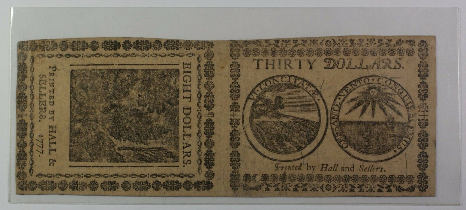 1777 Colonial Currency $30 and $8 2 Subject Uncut Pair Never Used EX Fine GH