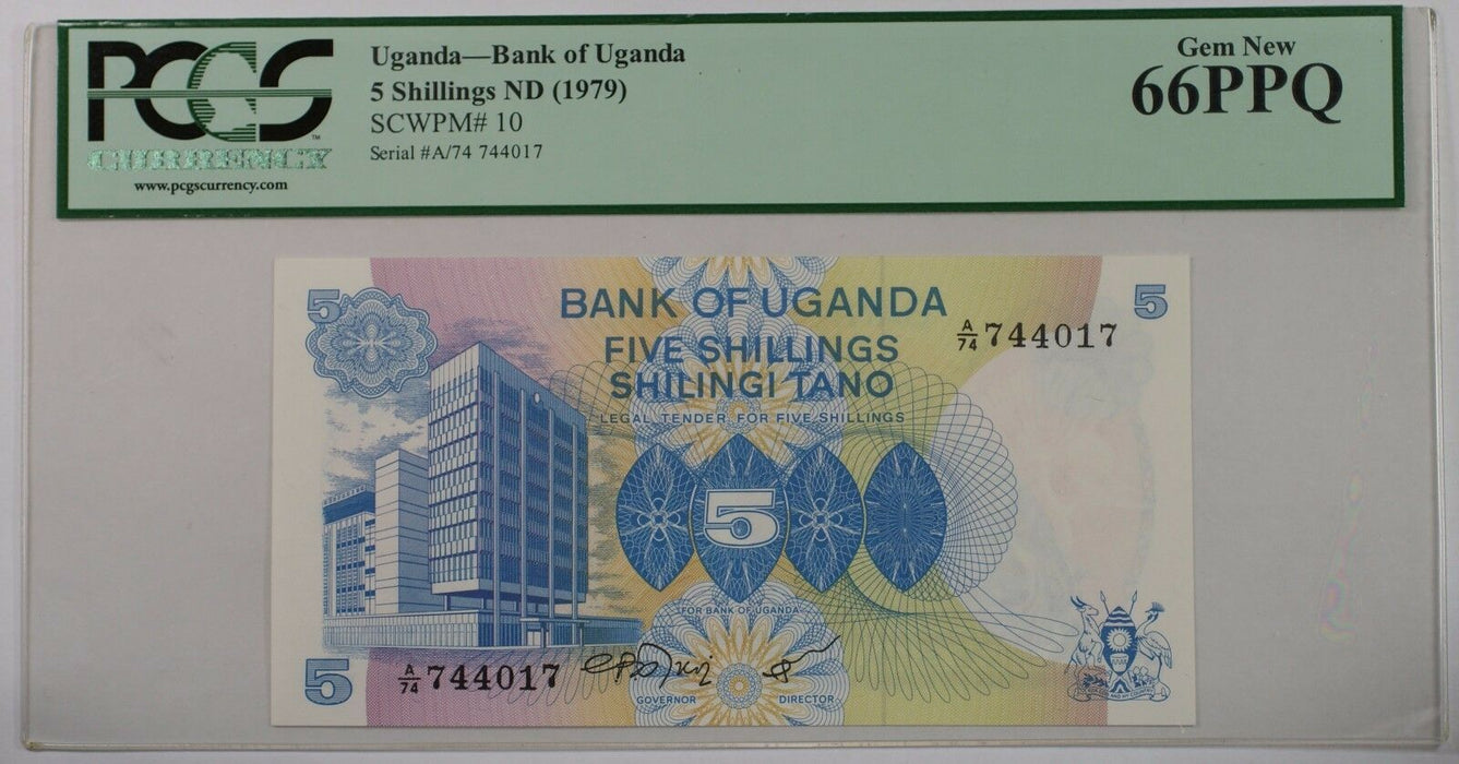 (1979) Bank of Uganda 5 Schillings Note SCWPM# 10 PCGS 66 PPQ Gem New (B)