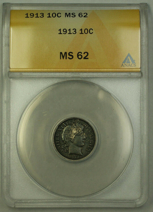 1913 Barber Silver Dime 10c ANACS MS-62 Toned JMX