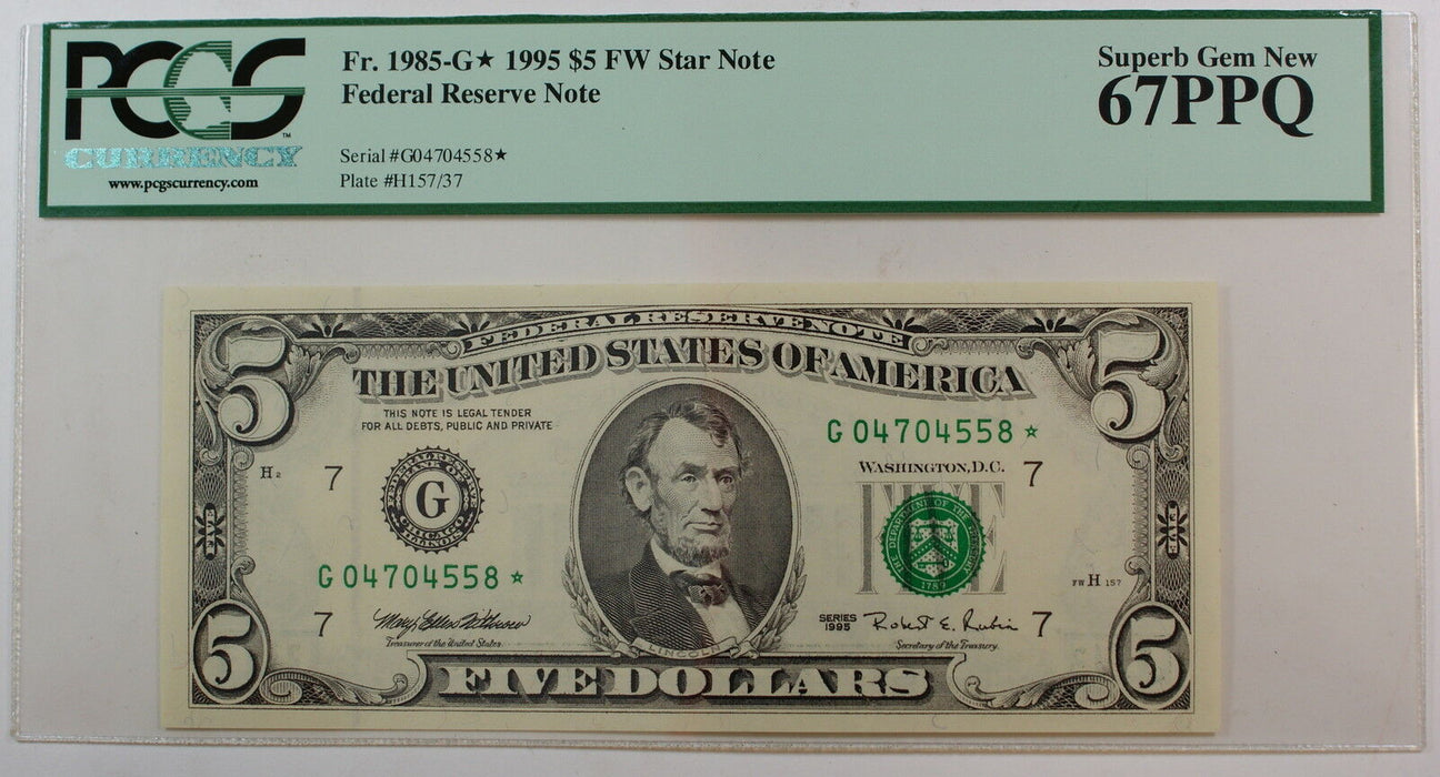1995 $5 FRN *G-Star* fw Note, PCGS 67 PPQ, Fr. 1985-G*, Federal Reserve