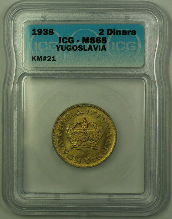 1938 Yugoslavia Petar II 2 Dinars Coin ICG MS-68 KM#21 (A)