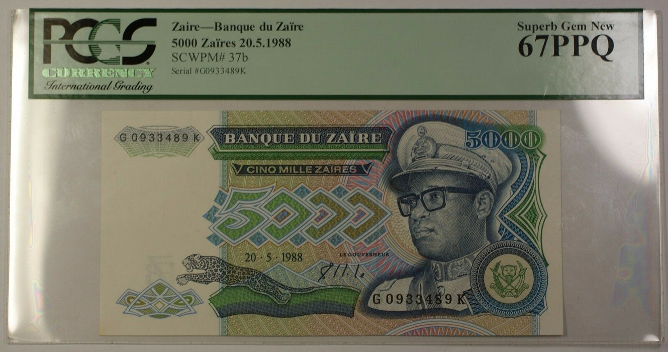 20.5.1988 Zaire 5000 Zaires Bank Note SCWPM# 37b PCGS Superb Gem New 67 PPQ