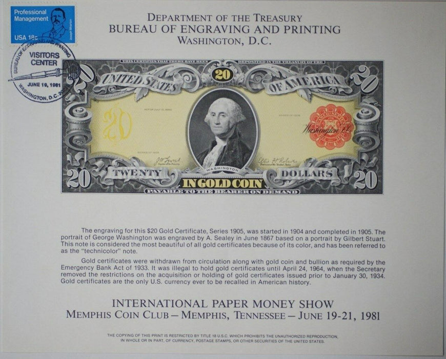 BEP souvenir card B 53 IPMS 1981 face 1905 $20 Gold Certificate Visitors Cancel