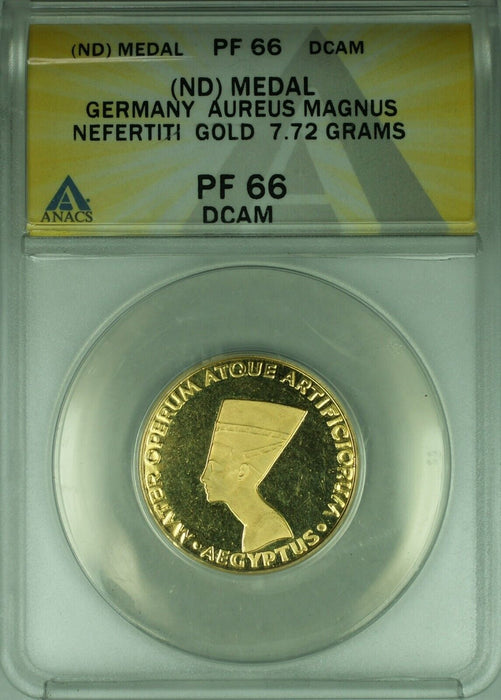 Germany Aureus Magnus Nefertiti Gold Proof Medal 7.72 Gr ANACS PF-66 Deep Cameo