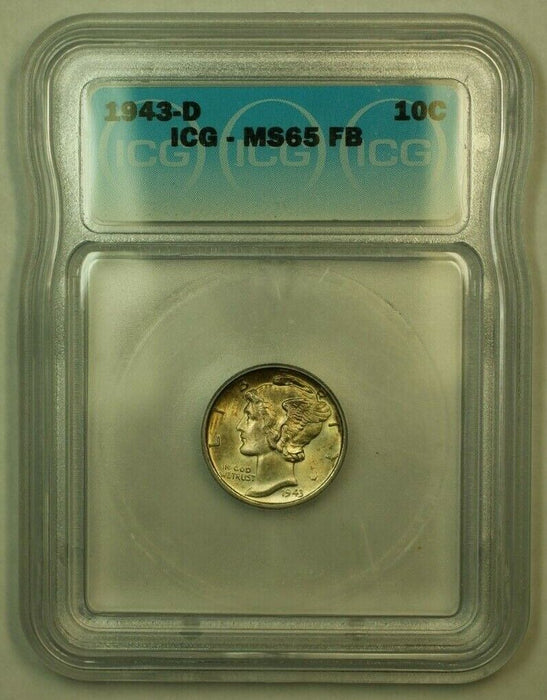 1943-D Silver Mercury Dime 10c Coin ICG MS-65 FB FSB (2B) Toned