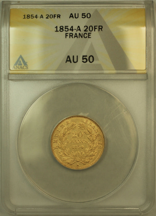 1854-A France 20 Francs Gold Coin ANACS AU-50