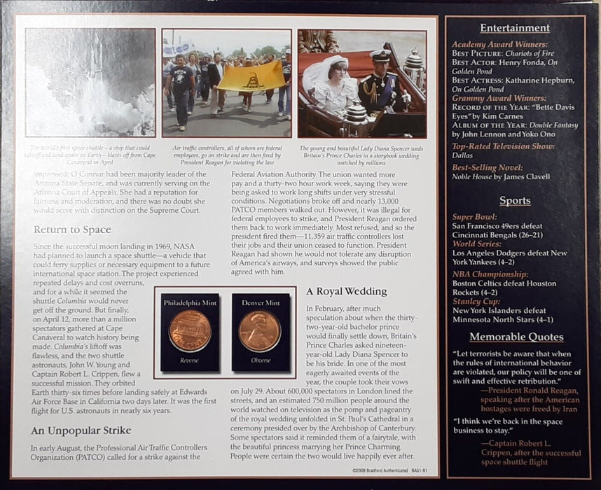 1981 Lincoln Cent / The Years Historic Events on Informative Card - See Photos