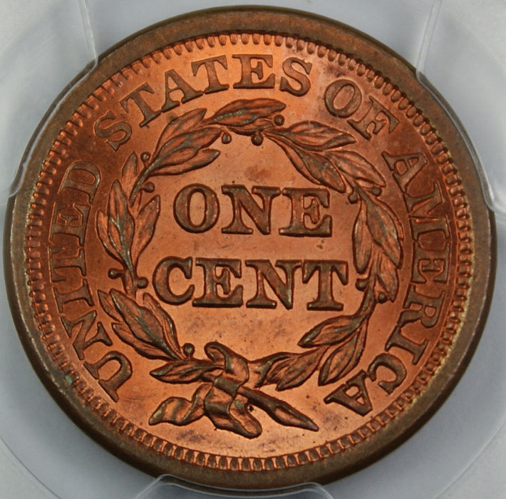 1855 Braided Hair Large Cent 1c, PCGS MS-64 RB Upright 55 *Mostly Red*