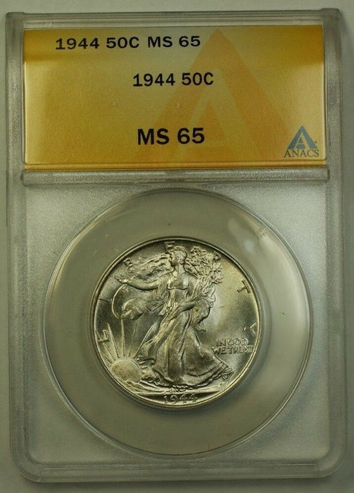 1944 US Walking Liberty Silver Half Dollar 50c Coin ANACS MS-65 B