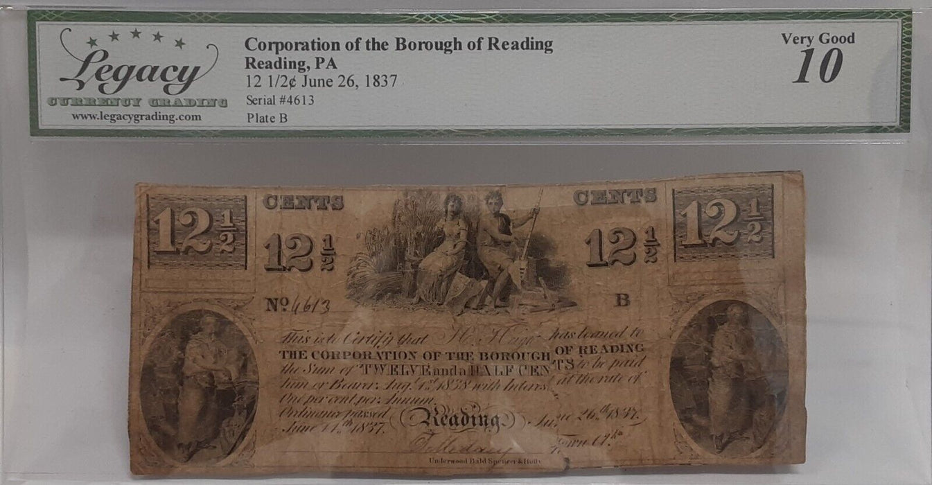 June 26, 1837 Iss Corp. Borough of Reading, PA 12.5C Note  Legacy VG 10 w/Comm