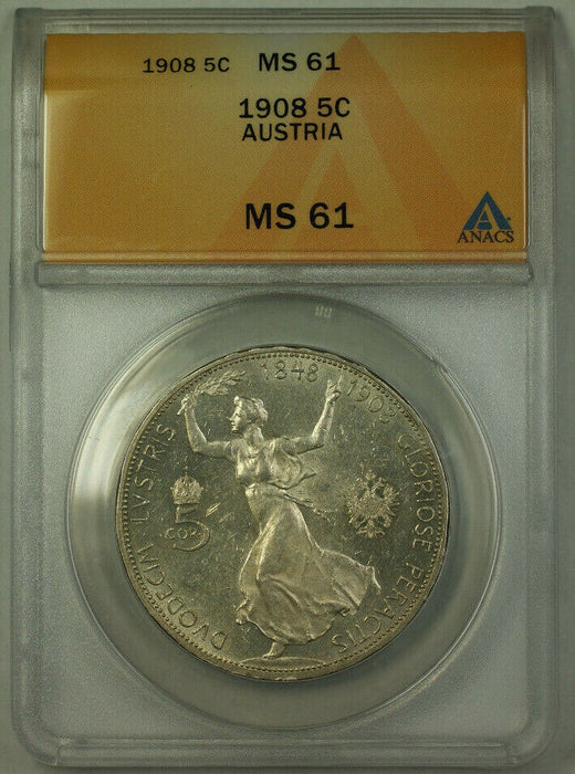 1908 Austria 5 Corona Silver Coin ANACS MS-61