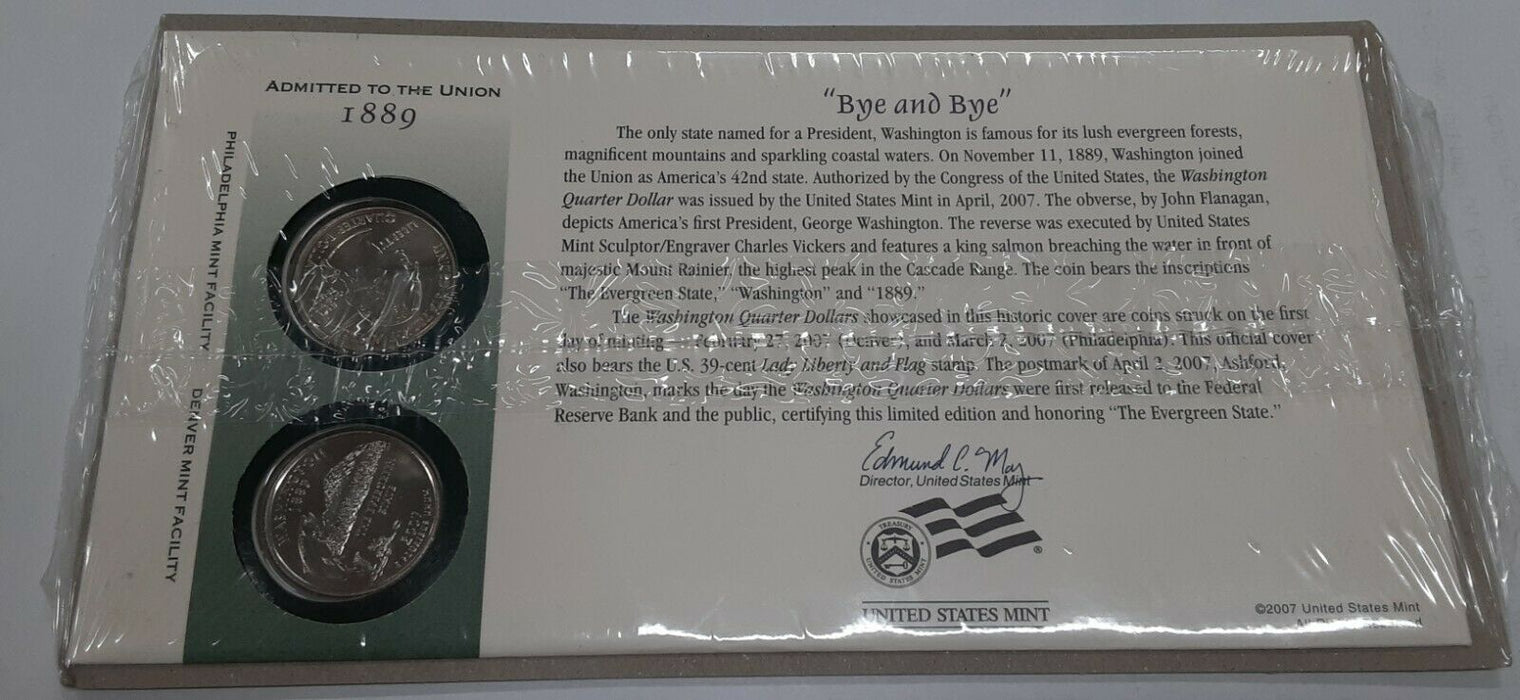 Washington 2007 P&D Statehood Quarter Set in Orig. US Mint Coin Cover w/Stamp