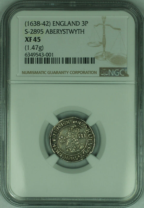 1638-42 England 3p Threepence Silver Coin S-2566 Aberyswyth NGC XF-45