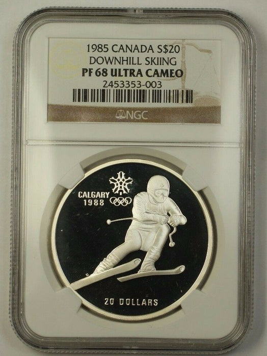 1985 Canada Silver $20 Olympic Commem Coin Downhill Skiing NGC PR-68 Ultra Cameo