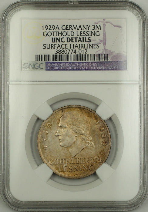 1929-A Germany Three Mark 3M Silver Coin Gotthold Lessing NGC UNC Details