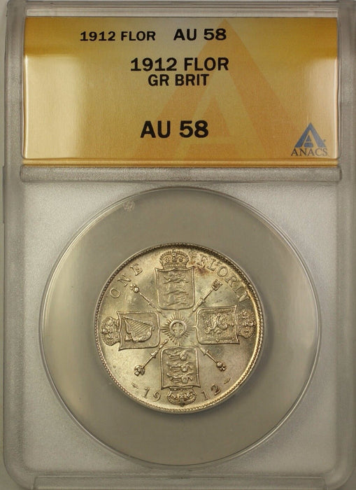 1912 Great Britain Silver Florin Coin ANACS AU-58