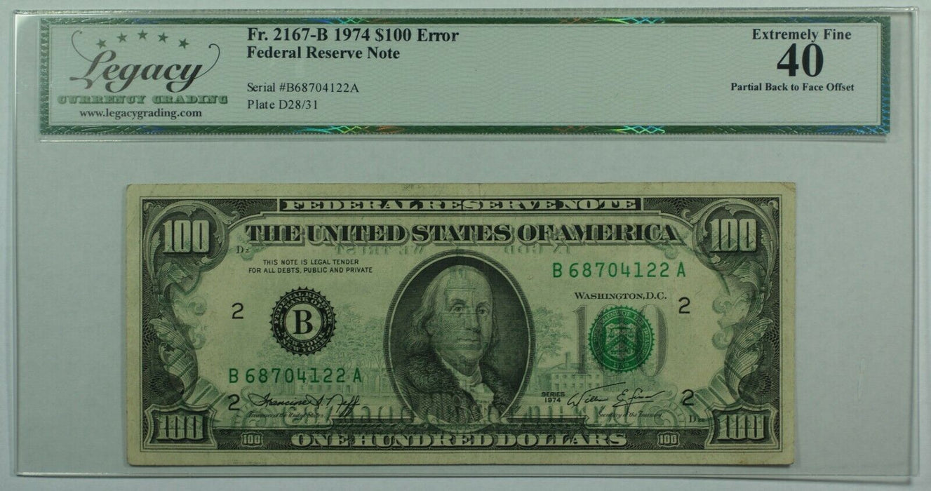 Series 1974 $100 Dollar FRN Partial Offset Error Note Legacy Extra Fine 40
