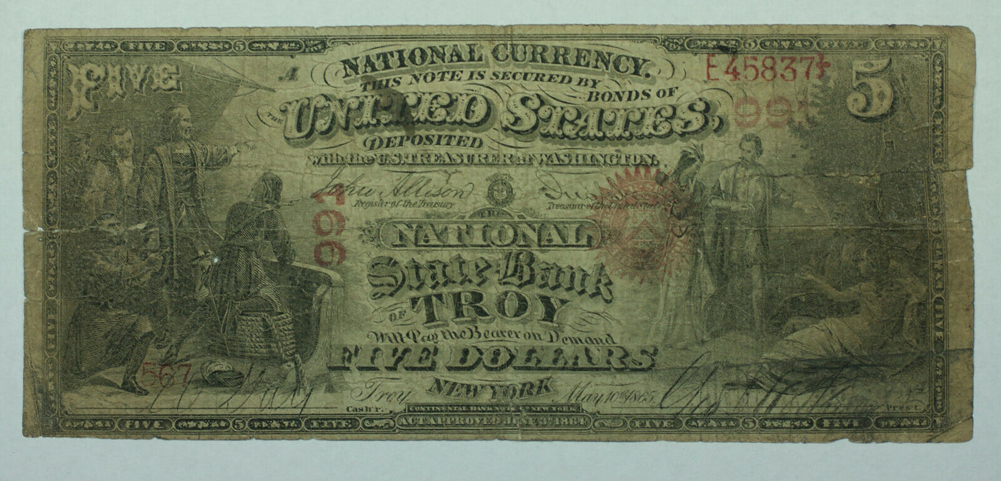 1865 Troy NY $5 Five Dollar Bill National Currency CONTEMPORARY COUNTERFEIT