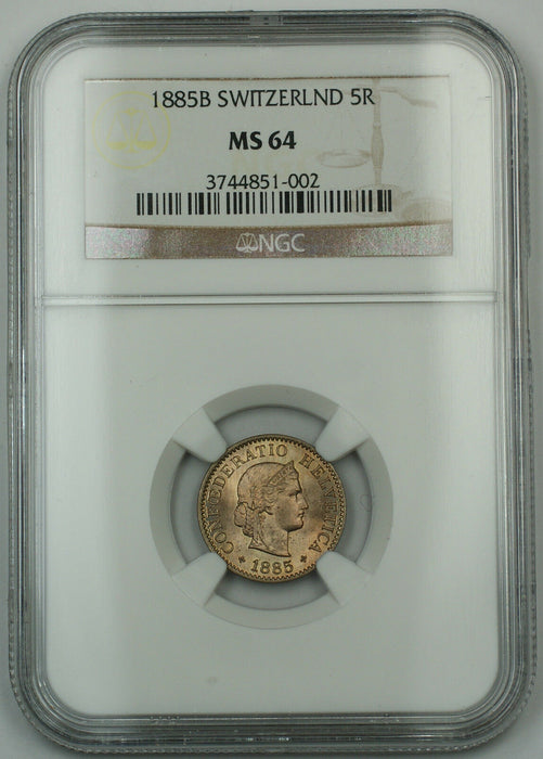 1885-B Switzerland Swiss 5 Rappen Coin *Gem BU* NGC MS-64 Faint Spotting
