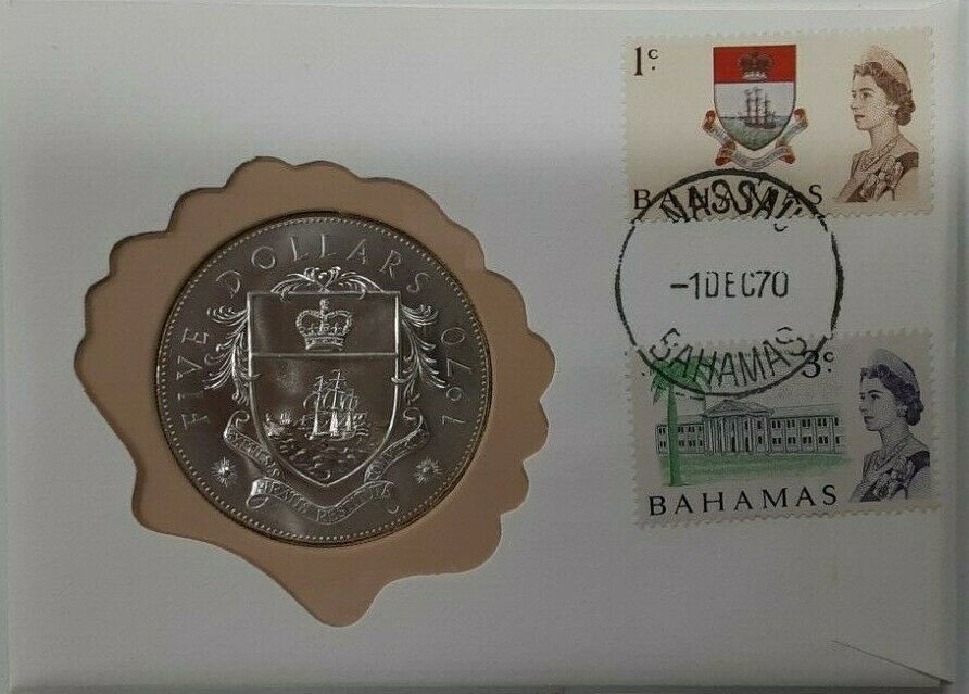 1970 BU Bahamas $5 Sterling Silver Coin W/Stamp in First Day Cover